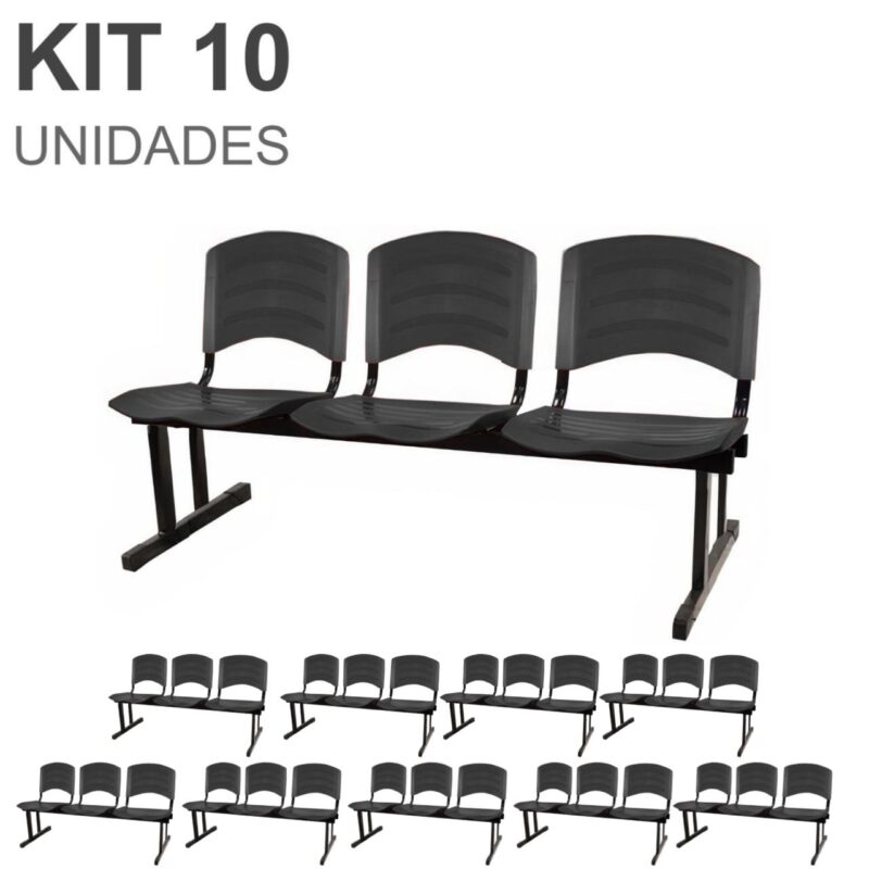 Kit 10 Cadeiras Longarinas PLÁSTICA 03 Lugares – Cor PRETO 33039 FORTALEZA MÓVEIS 2