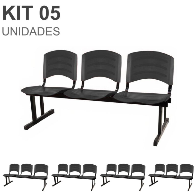 Kit 05 Cadeiras Longarinas PLÁSTICA 03 Lugares – Cor PRETO 33034 FORTALEZA MÓVEIS 2