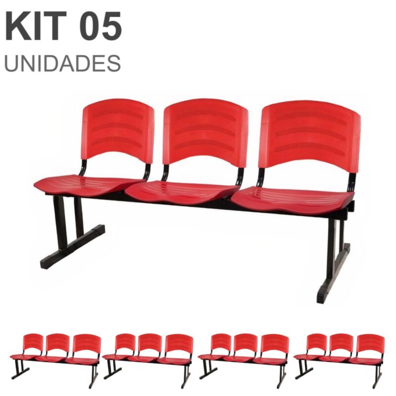 Kit 05 Cadeiras Longarinas PLÁSTICAS 03 Lugares – Cor Vermelho 33043 FORTALEZA MÓVEIS 2