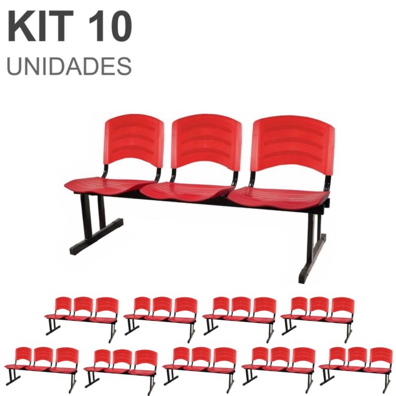 Kit 10 Cadeiras Longarinas PLÁSTICAS 03 Lugares – Cor Vermelho 33048 FORTALEZA MÓVEIS 2