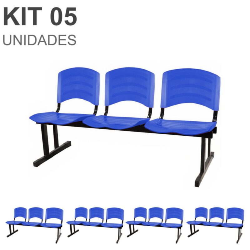 Kit 05 Cadeiras Longarinas PLÁSTICAS 03 Lugares – Cor Azul 33052 FORTALEZA MÓVEIS 2