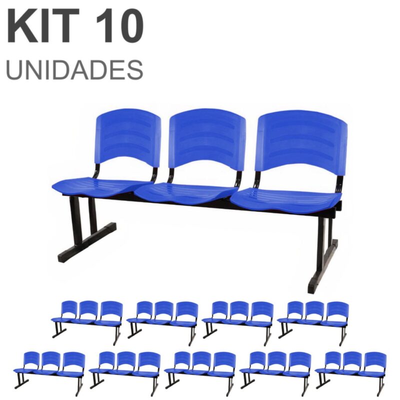 Kit 10 Cadeiras Longarinas PLÁSTICAS 03 Lugares – Cor Azul 33057 FORTALEZA MÓVEIS 2