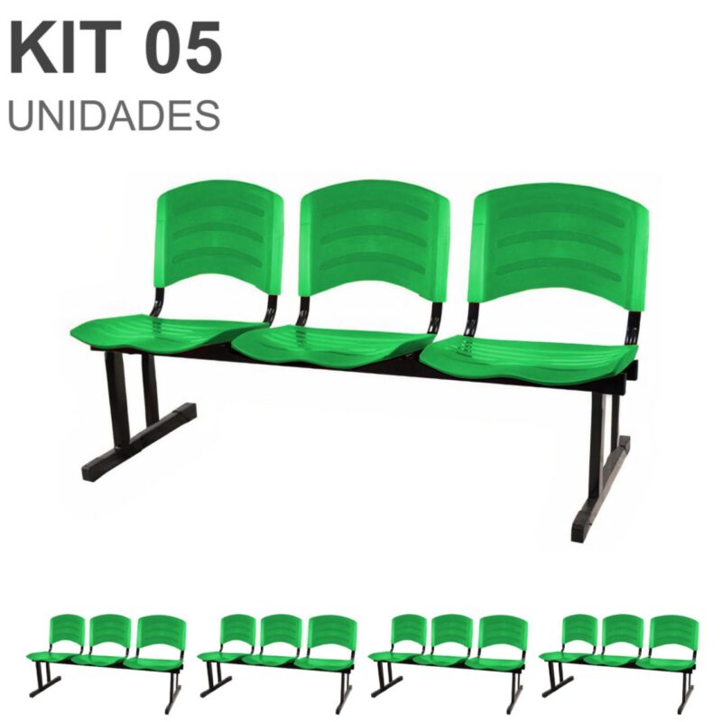 Kit 05 Cadeiras Longarinas PLÁSTICAS 03 Lugares – Cor Verde 33061 FORTALEZA MÓVEIS 2