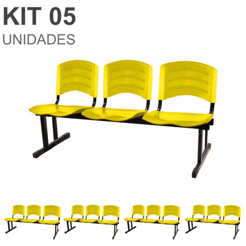 Kit 05 Cadeiras Longarinas PLÁSTICAS 03 Lugares – Cor Amarelo 33080 FORTALEZA MÓVEIS 2