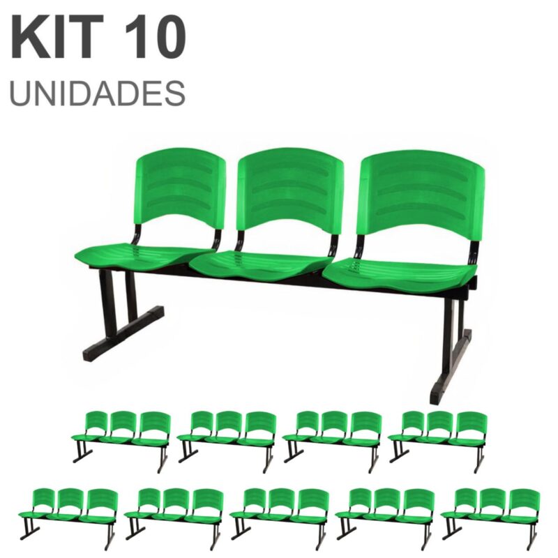 Kit 10 Cadeiras Longarinas PLÁSTICAS 03 Lugares – Cor Verde 33066 FORTALEZA MÓVEIS 2